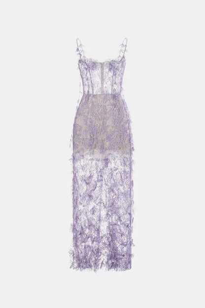 purple lace pencil dress MONTSAND Beaded Lace Pencil Dress