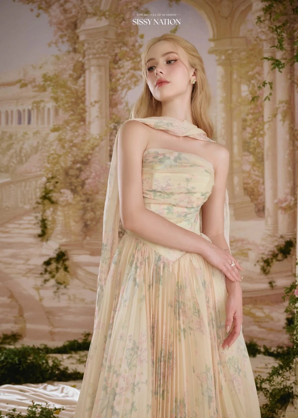 [品牌授权] Sissy Nation Yellow Amelia Corset Pleated Maxi Dress