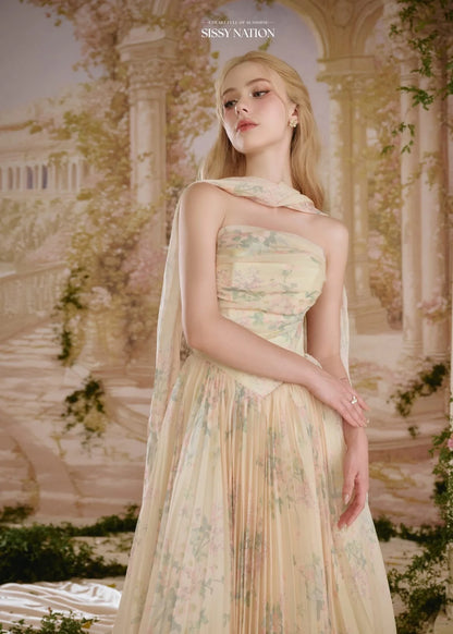 [品牌授权] Sissy Nation Yellow Amelia Corset Pleated Maxi Dress