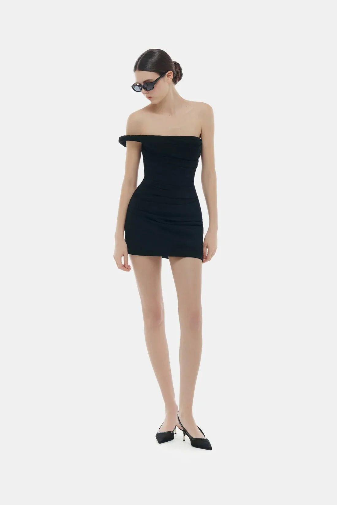 Montsand Black One-off Shoulder Draped Mini Dress