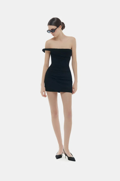 Montsand Black One-off Shoulder Draped Mini Dress