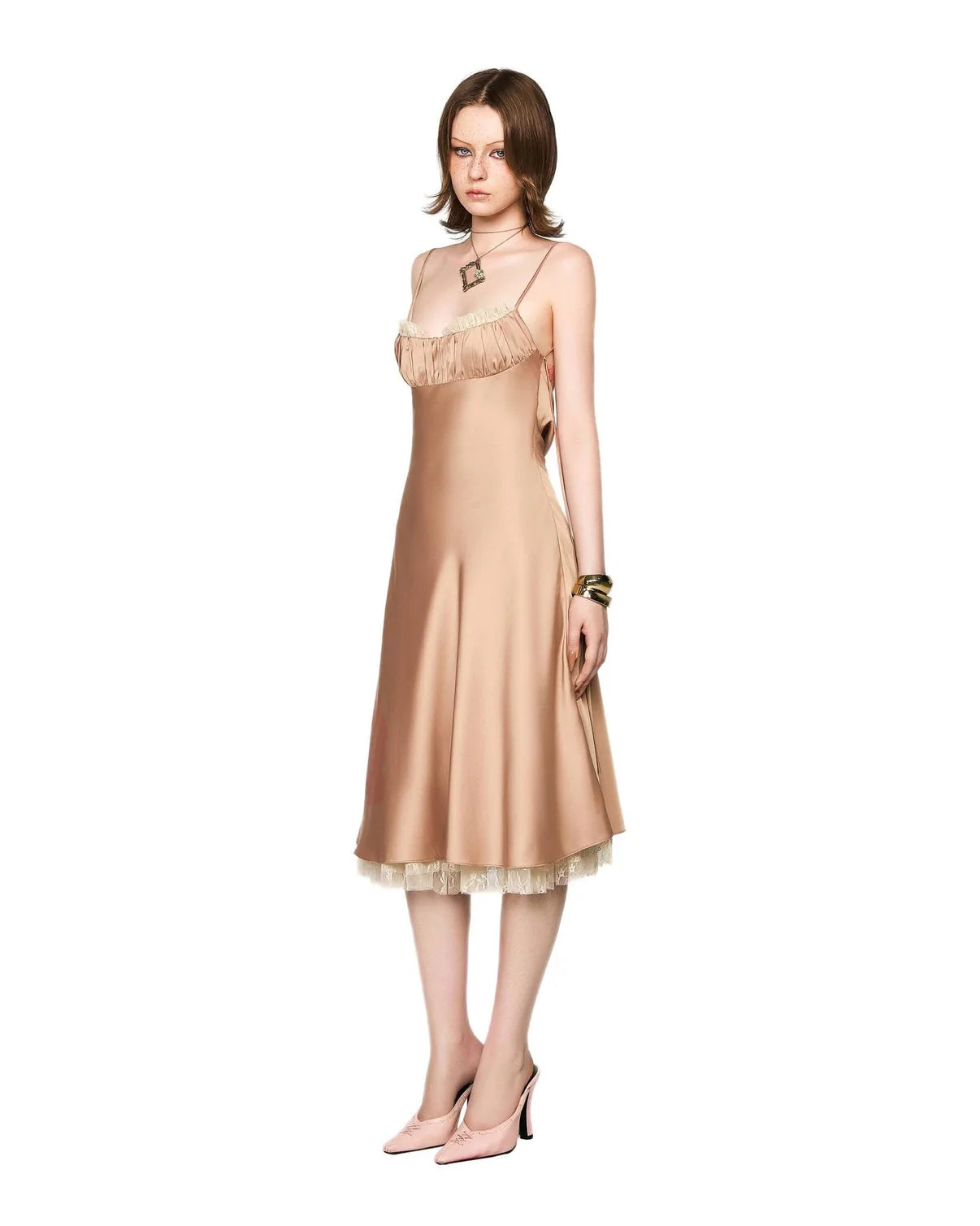 [品牌授权] LSOUL BROWN& NUDE SATIN ACETATE MIDI DRESS