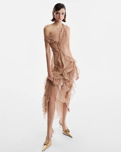 MUST HAVE BEIGE RUFFLE MIDI DRESS — Must Have