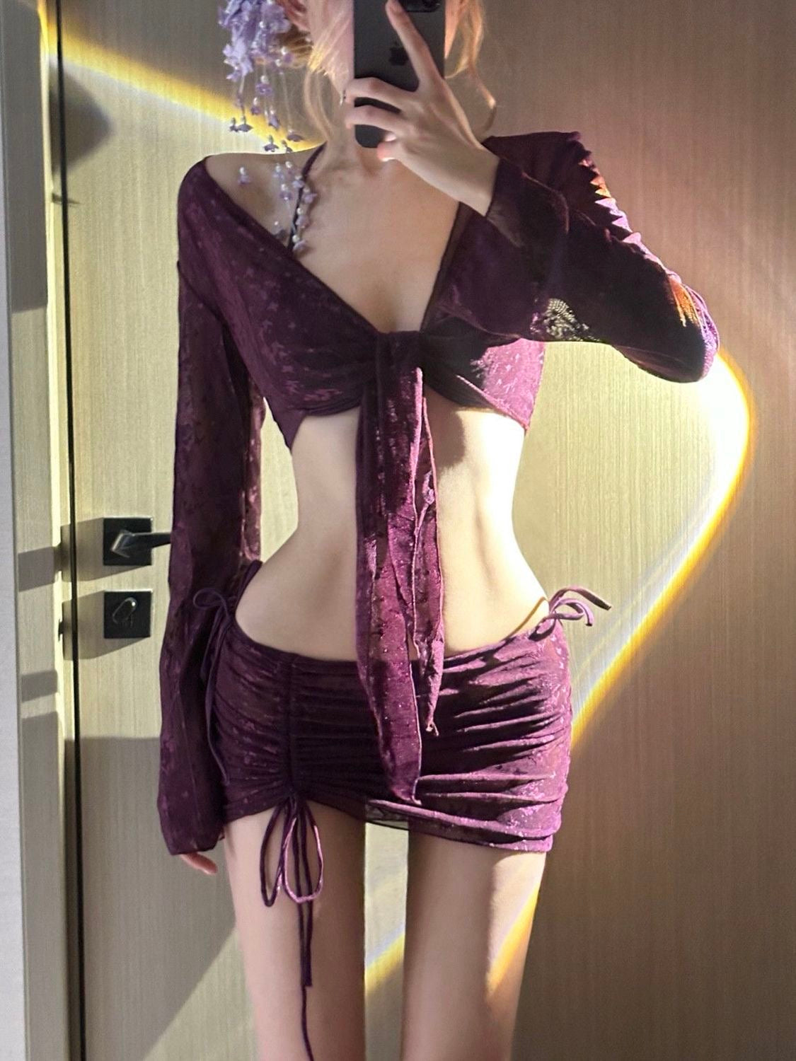 Bordeaux Lace 3-Piece Bikini Set with Sheer Tie Cover & Ruched Skirt