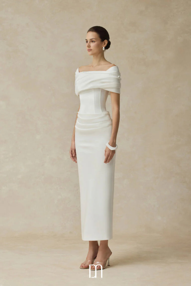 BYDENIO Solora Bodycon midi dress with shoulder-hip draping