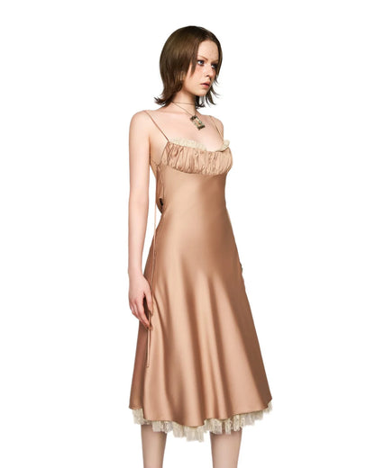 [品牌授权] LSOUL BROWN& NUDE SATIN ACETATE MIDI DRESS