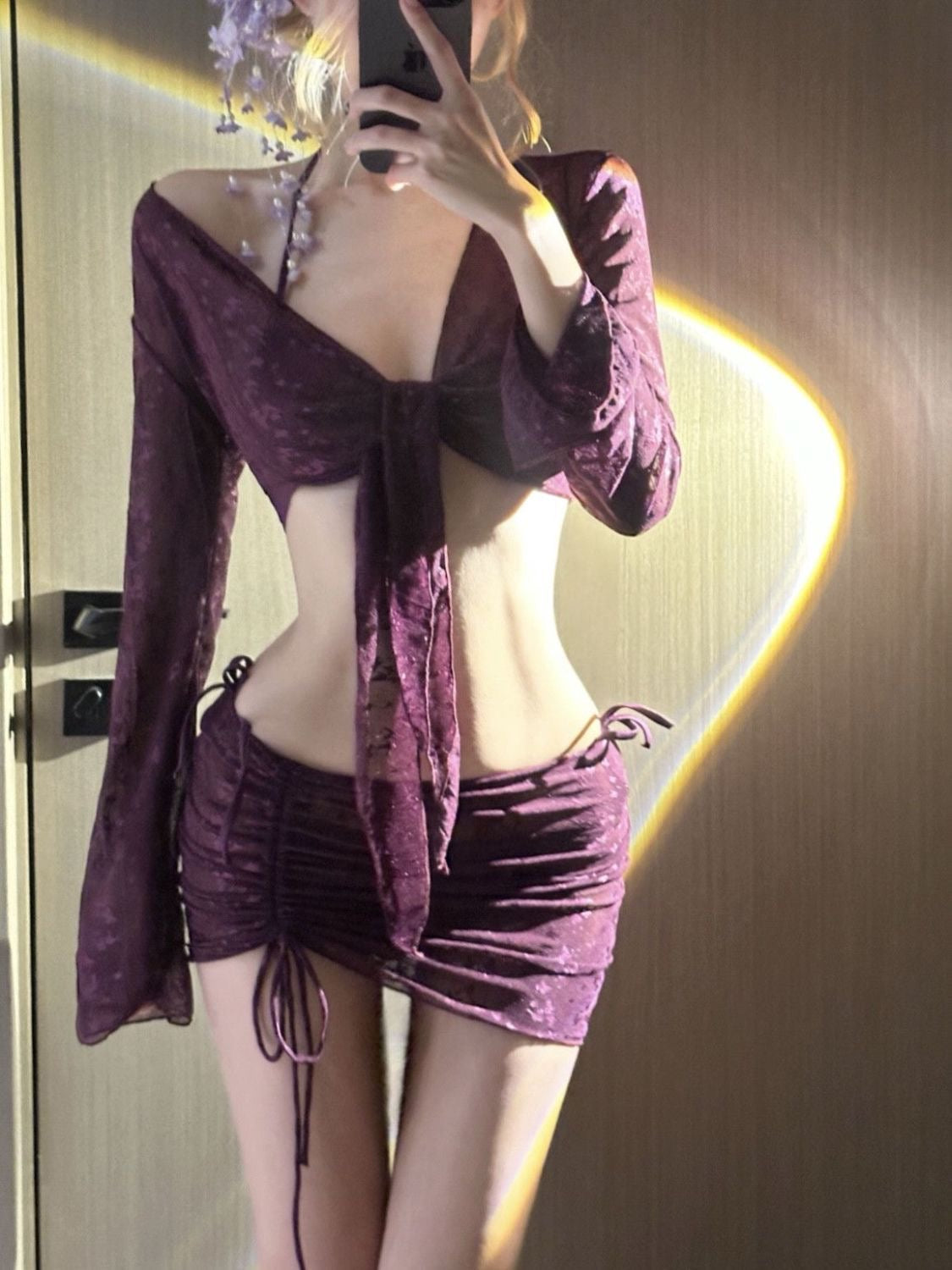 Bordeaux Lace 3-Piece Bikini Set with Sheer Tie Cover & Ruched Skirt
