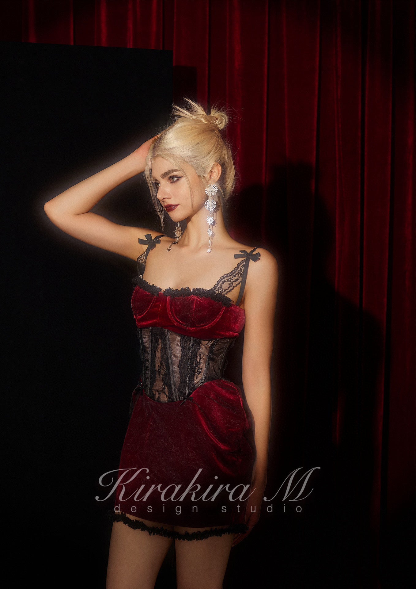 KIRAKIRA M Red Velvet with Fishbone Lacy Party Mini Dress