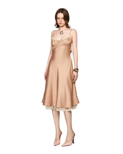 [品牌授权] LSOUL BROWN& NUDE SATIN ACETATE MIDI DRESS