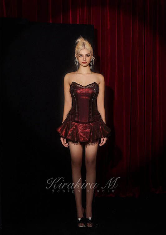 KIRAKIRA M Red Gleamy with Black Fishbone Lacy Party Mini Dress