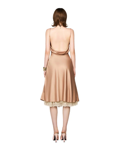 [品牌授权] LSOUL BROWN& NUDE SATIN ACETATE MIDI DRESS