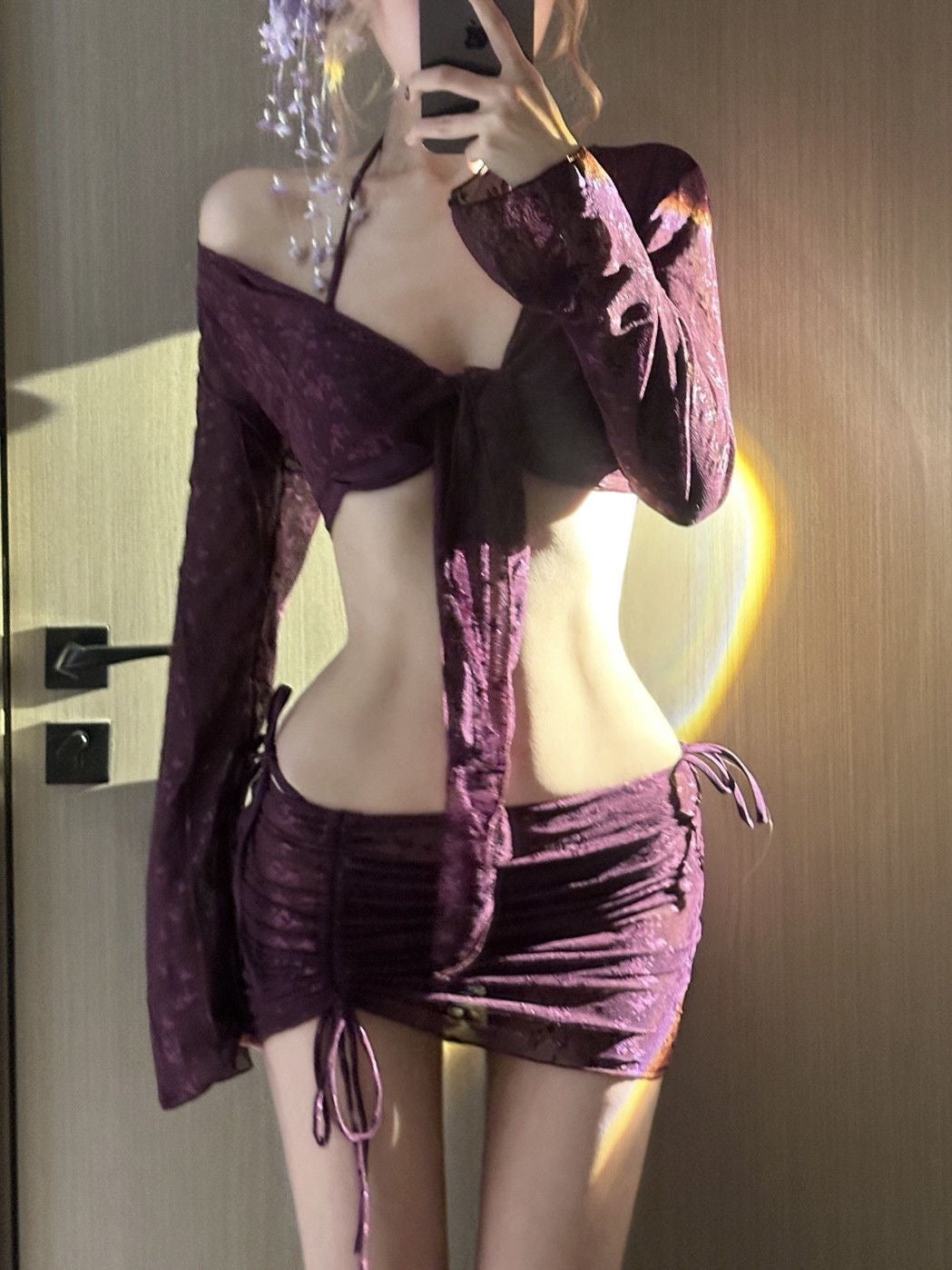 Bordeaux Lace 3-Piece Bikini Set with Sheer Tie Cover & Ruched Skirt