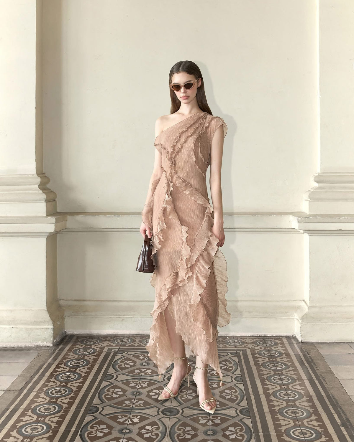 MUST HAVE BEIGE RUFFLE MIDI DRESS — Must Have