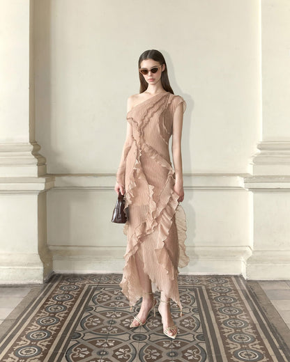 MUST HAVE BEIGE RUFFLE MIDI DRESS — Must Have