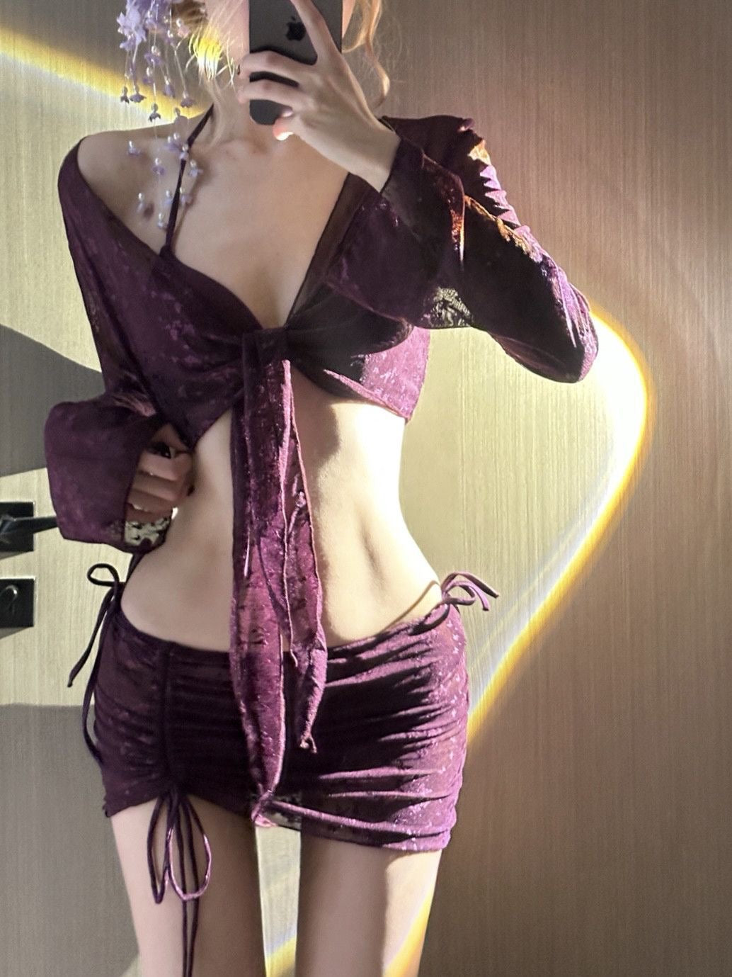 Bordeaux Lace 3-Piece Bikini Set with Sheer Tie Cover & Ruched Skirt