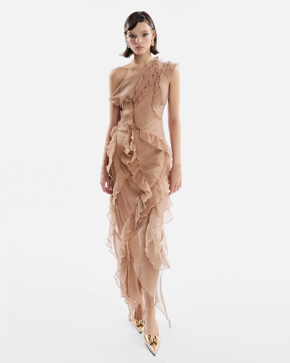 MUST HAVE BEIGE RUFFLE MIDI DRESS — Must Have