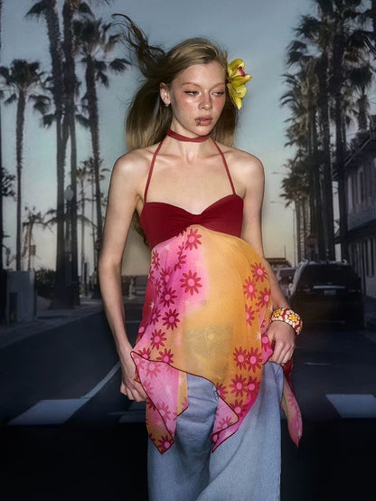 Summer Floral Pink-Yellow Halter Strap Top