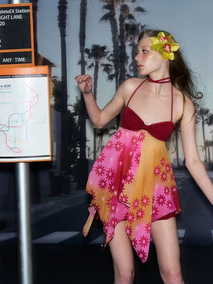 Summer Floral Pink-Yellow Halter Strap Top
