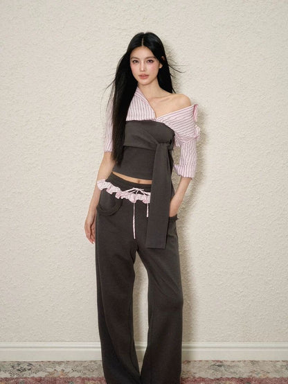 Pink-Grey Off-Shoulder Suit Set
