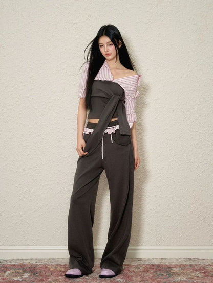 Pink-Grey Off-Shoulder Suit Set