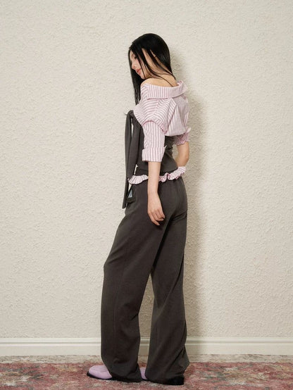 Pink-Grey Off-Shoulder Suit Set