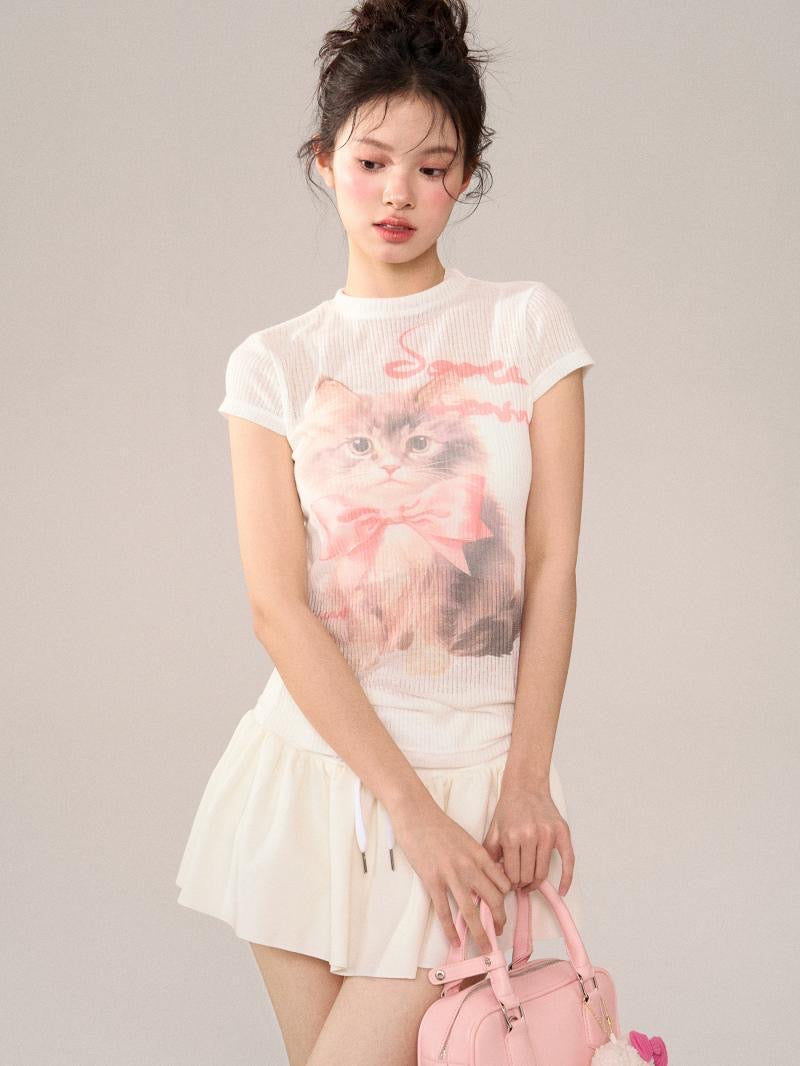 Kitten-print Round Neck T-shirt