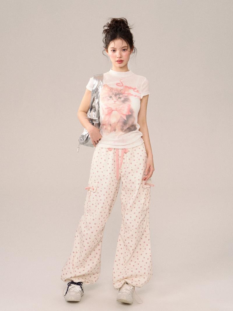 Kitten-print Round Neck T-shirt