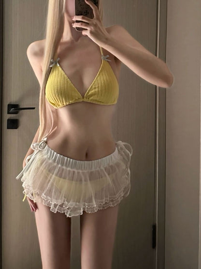 Lemon Yellow Gauze Dress Bikini Three-Piece Set