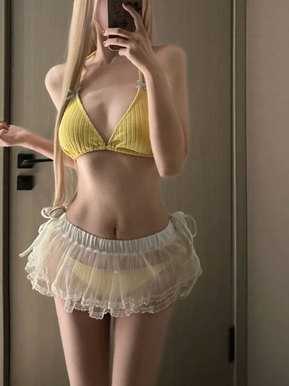 Lemon Yellow Gauze Dress Bikini Three-Piece Set