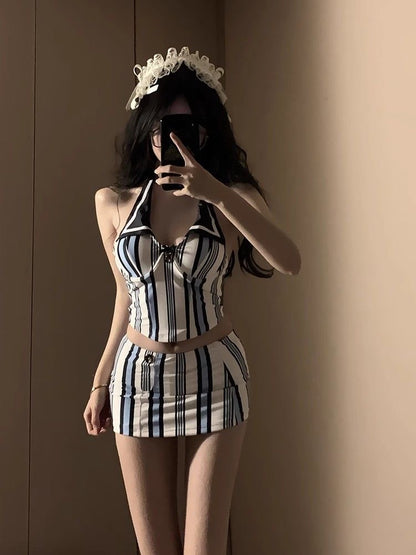 Navy Blue Striped Bikini Three-Piece Set