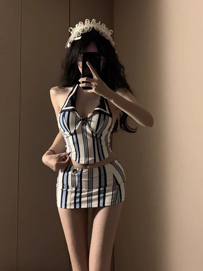 Navy Blue Striped Bikini Three-Piece Set