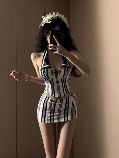 Navy Blue Striped Bikini Three-Piece Set