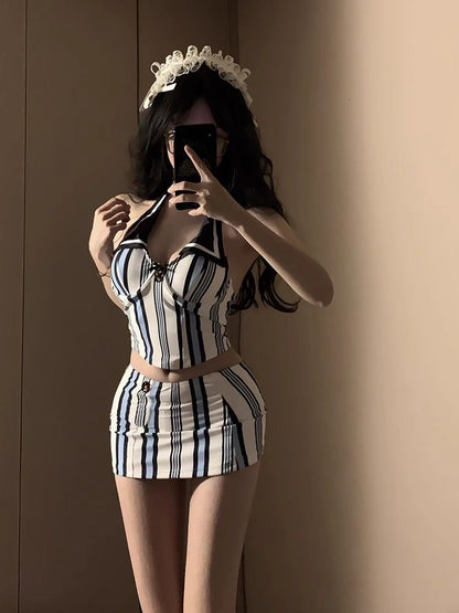 Navy Blue Striped Bikini Three-Piece Set
