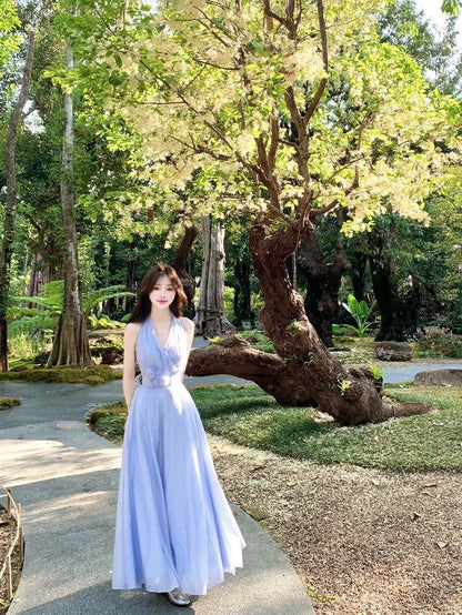 Ice Blue Rose Flared Hem Dress