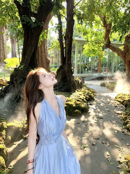 Ice Blue Rose Flared Hem Dress