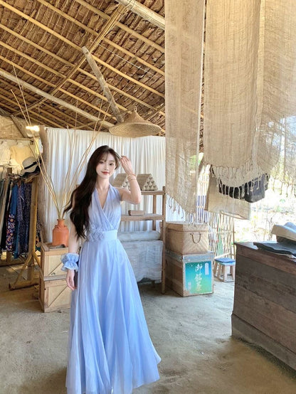 Ice Blue Rose Flared Hem Dress