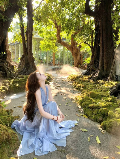 Ice Blue Rose Flared Hem Dress
