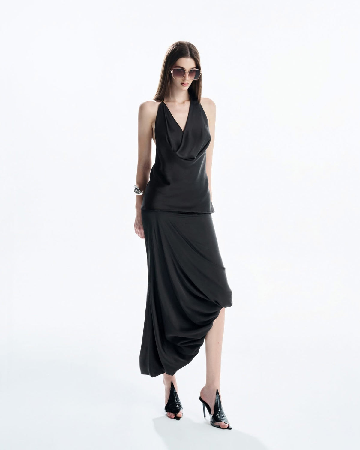 MUST HAVE Stain Draped Neckline Top & Midi Wrap Skirt — Must Have