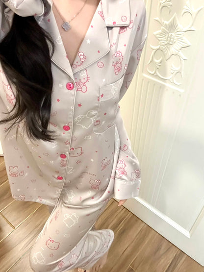 Sweet Cool Silver-Pink Kitty Satin Pajama Set