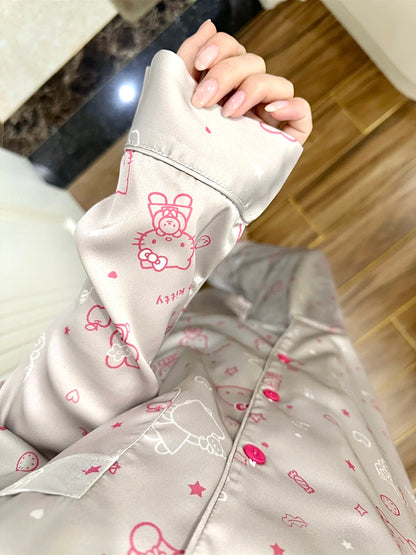 Sweet Cool Silver-Pink Kitty Satin Pajama Set