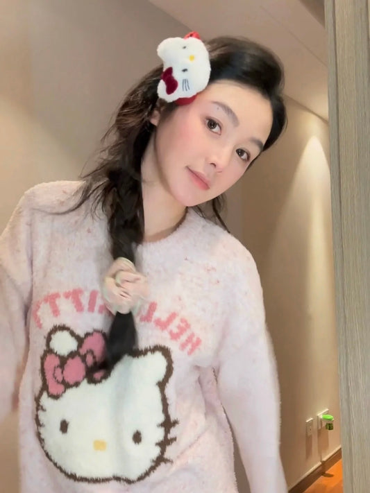 Hello Kitty Pink Fuzzy Pajama Set – Long Sleeve & Long Pants with Half Plush Design