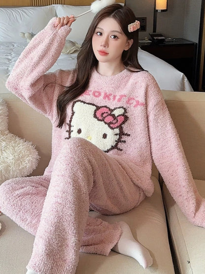 Hello Kitty Pink Fuzzy Pajama Set – Long Sleeve & Long Pants with Half Plush Design