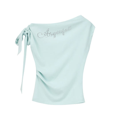 Asymmetrical Shoulder Blue-Green Tie-Waist Slim Fit Stylish Top