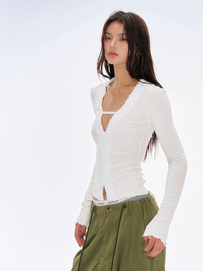 Sexy Chic Slim Fit Sequin-Embellished Patchwork Knit Long Sleeve Top