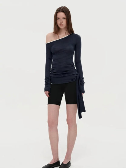 Asymmetrical Shoulder Draped Slim Fit Ruched Top – Imported Merino Wool & Lyocell Blend