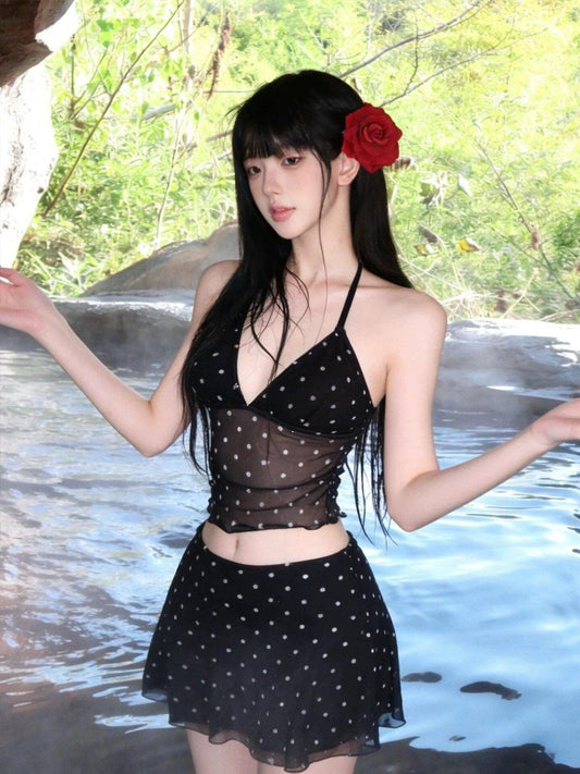 Midnight Polka Dot Mesh Halter Bikini Set with Sheer Skirt