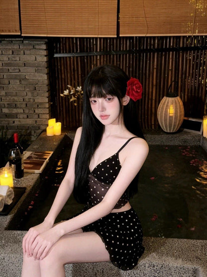 Midnight Polka Dot Mesh Halter Bikini Set with Sheer Skirt