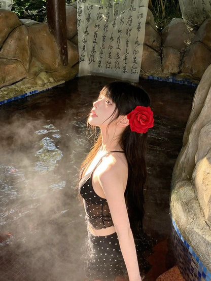 Midnight Polka Dot Mesh Halter Bikini Set with Sheer Skirt