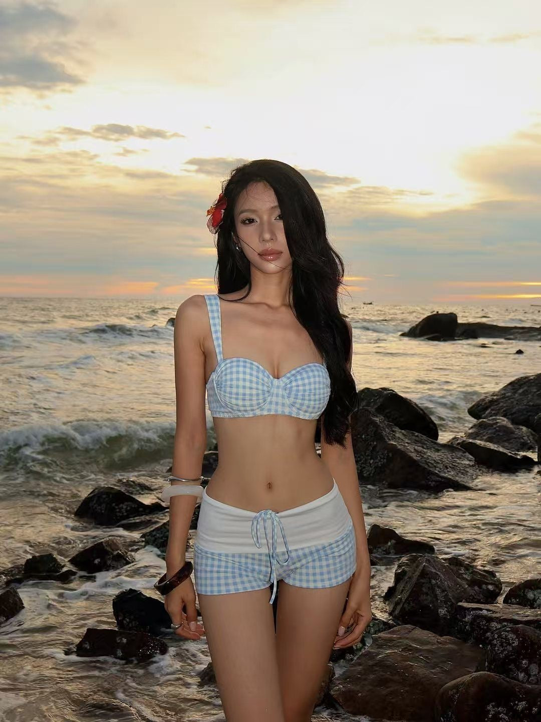 Sky Gingham Bikini Top & Drawstring Shorts Set