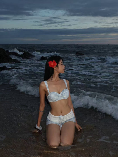 Sky Gingham Bikini Top & Drawstring Shorts Set